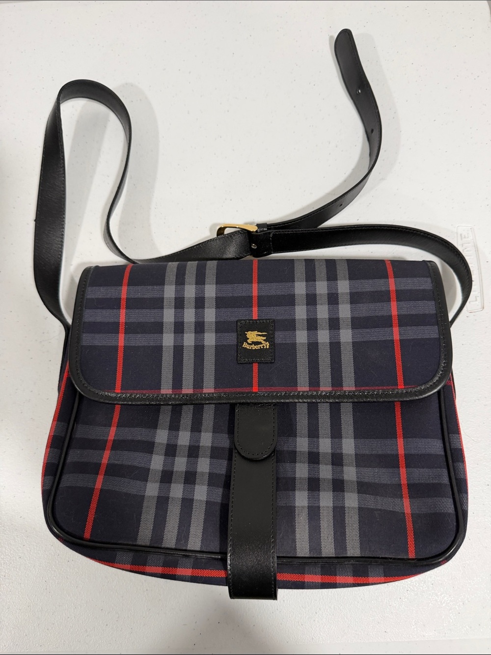 NWOT Authentic Vintage Burberrys Navy Plaid Messenger Bag with Red Accents